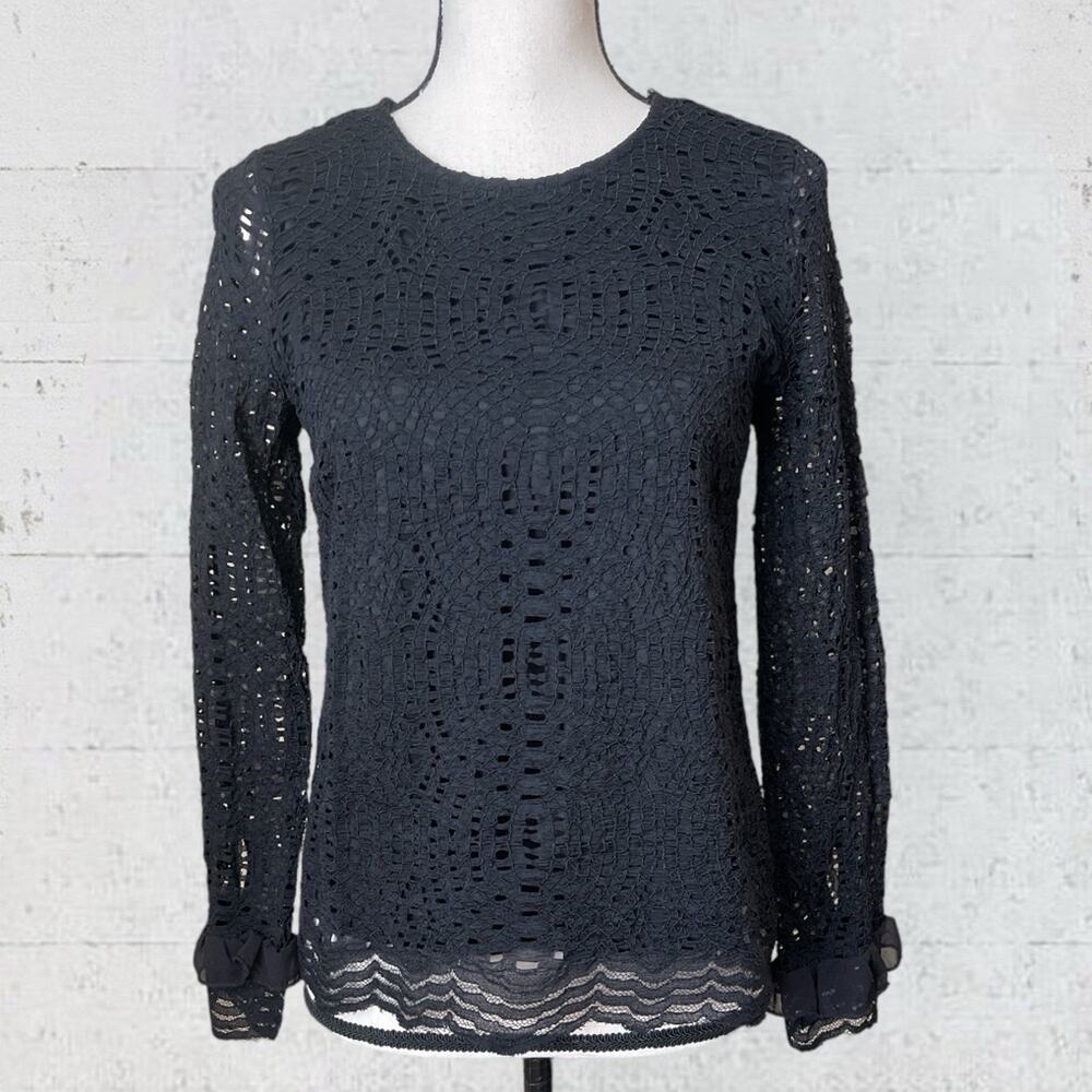 Neiman Marcus Women Black Battenburg Lace Long Sleeve Top Size M Victorian Goth
